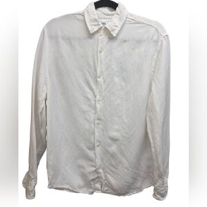 Zara Linen Blend Button Down Shirt Small White Long Sleeve Collared Coastal